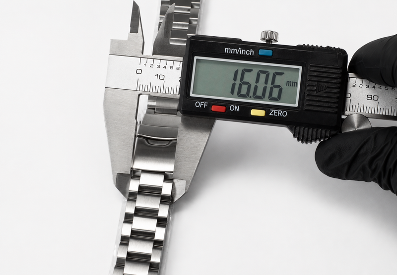 Digital caliper at the clasp end of the Hexad bracelet