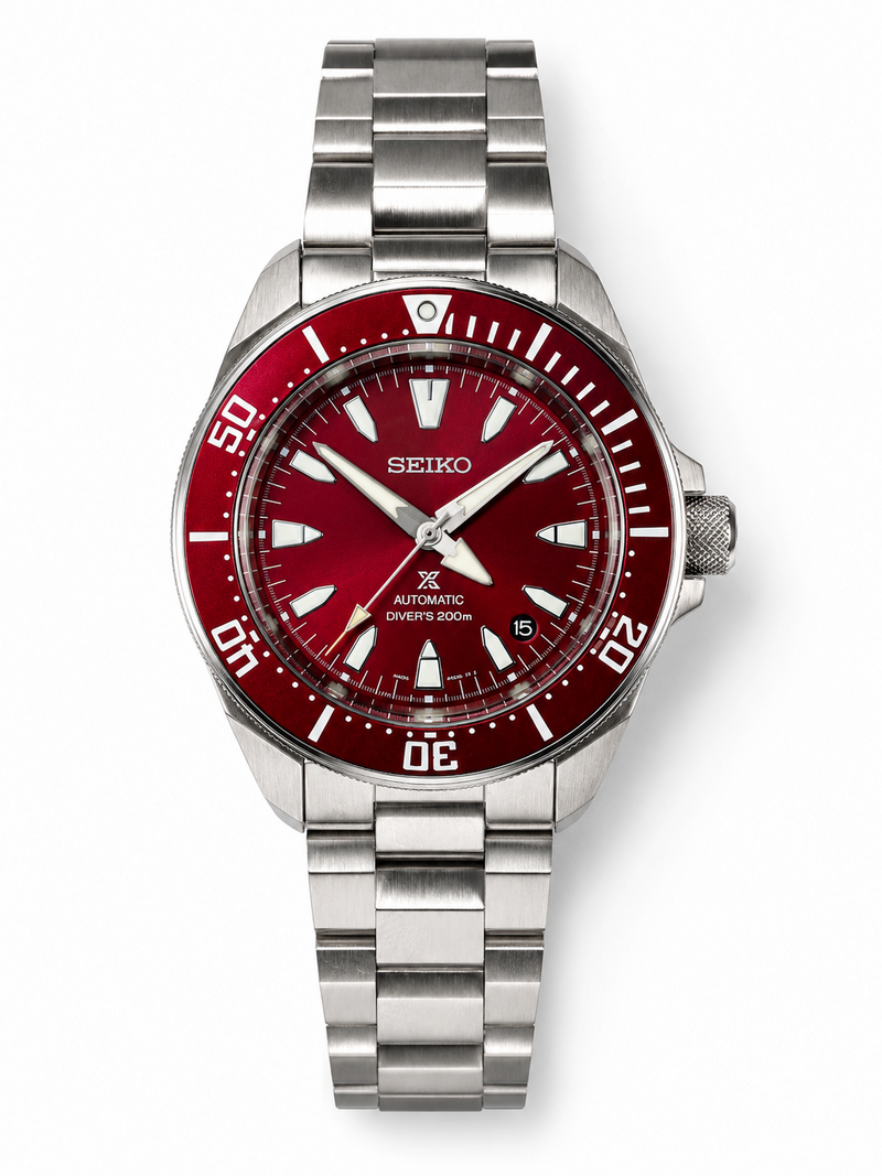 Seiko Prospex diver with a red dial and red bezel on a steel bracelet
