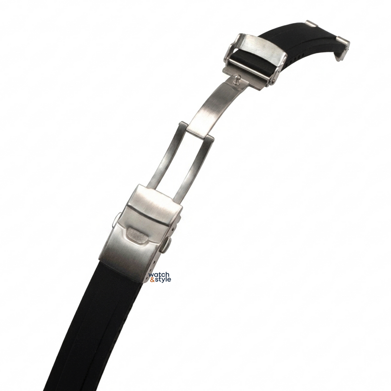 Folding steel clasp included with the RS1719 Seiko SRPL Shogurai rubber strap, opened at the 16mm end