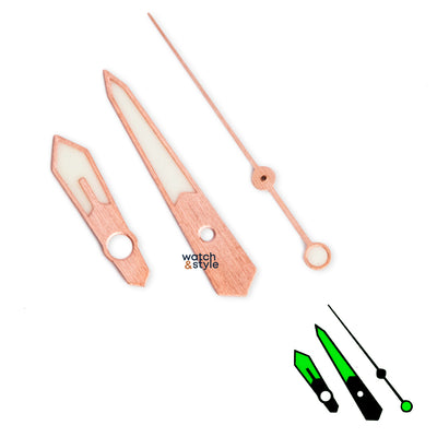 MM1000 Style Hands Set Brushed Rose Gold C3 Lume for NH35, NH35A, NH36, NH36A, NH38